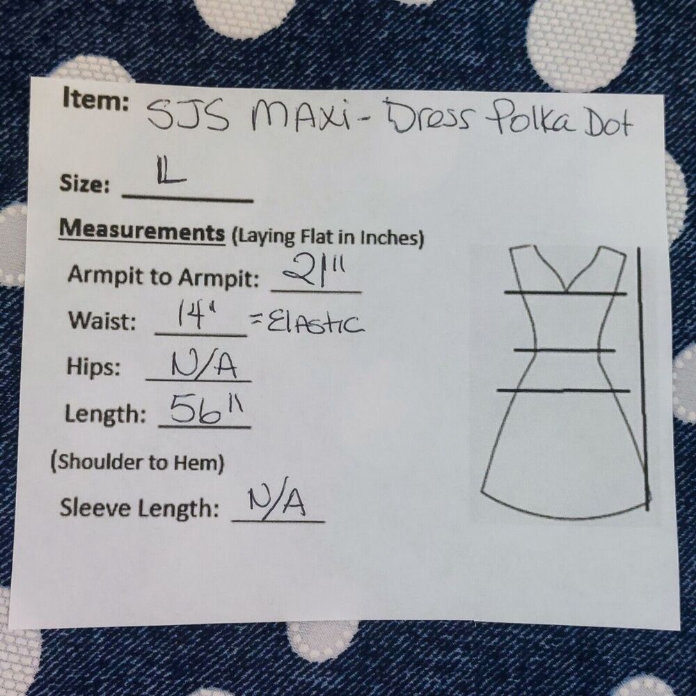 SJS Sleeveless Maxi Dress Size Large Polka Dots Blue White Elastic Waist - Picture 5 of 5